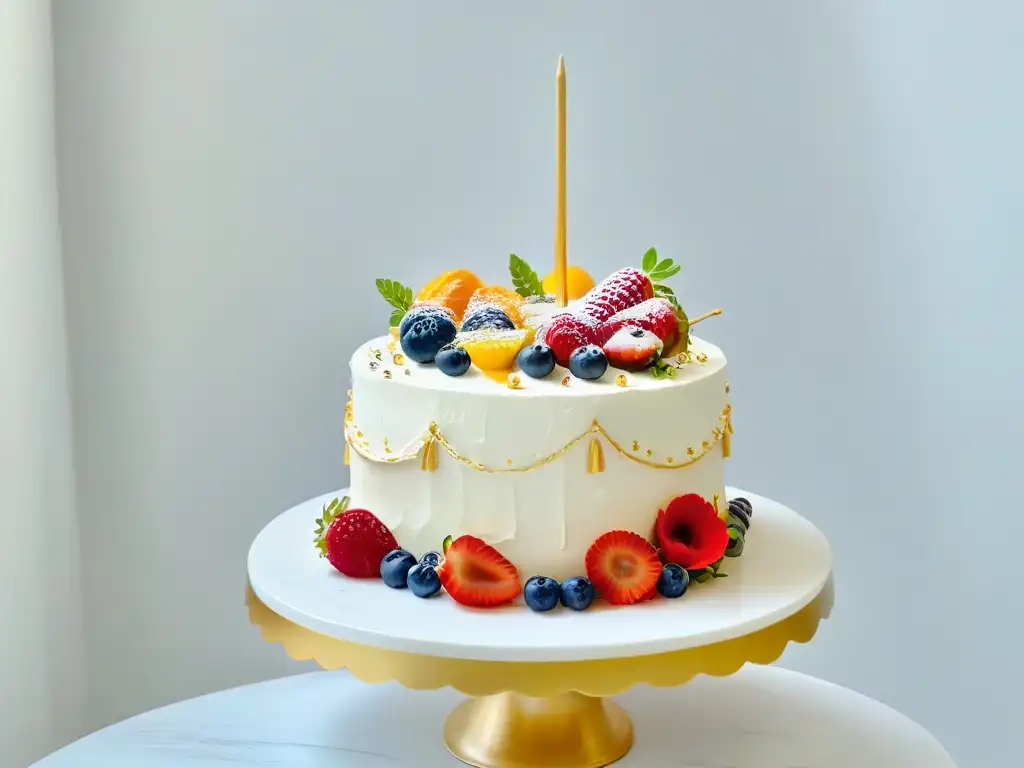 Pastel de cumpleaños sin horno decorado con frutas frescas, flores comestibles y detalles dorados en base de mármol blanco