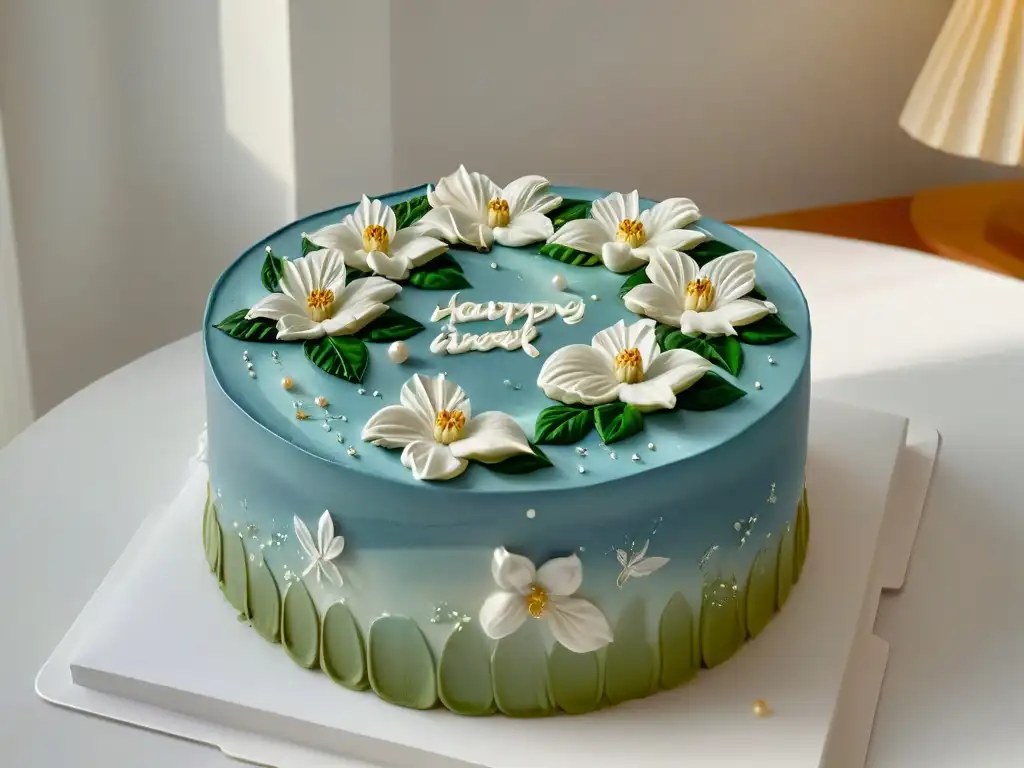 Un pastel de cumpleaños tradicional japonés detalladamente decorado con flores de cerezo, exhibiendo precisión y belleza