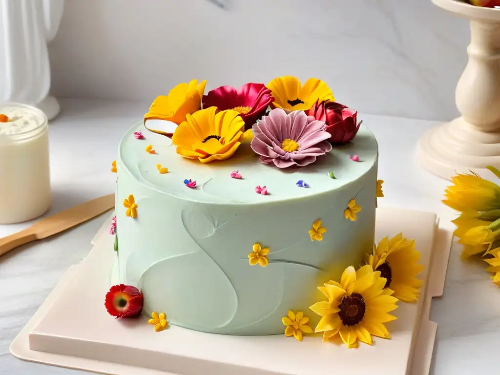 Un pastel decorado con arte rodeado de utensilios de repostería en un elegante mostrador de mármol