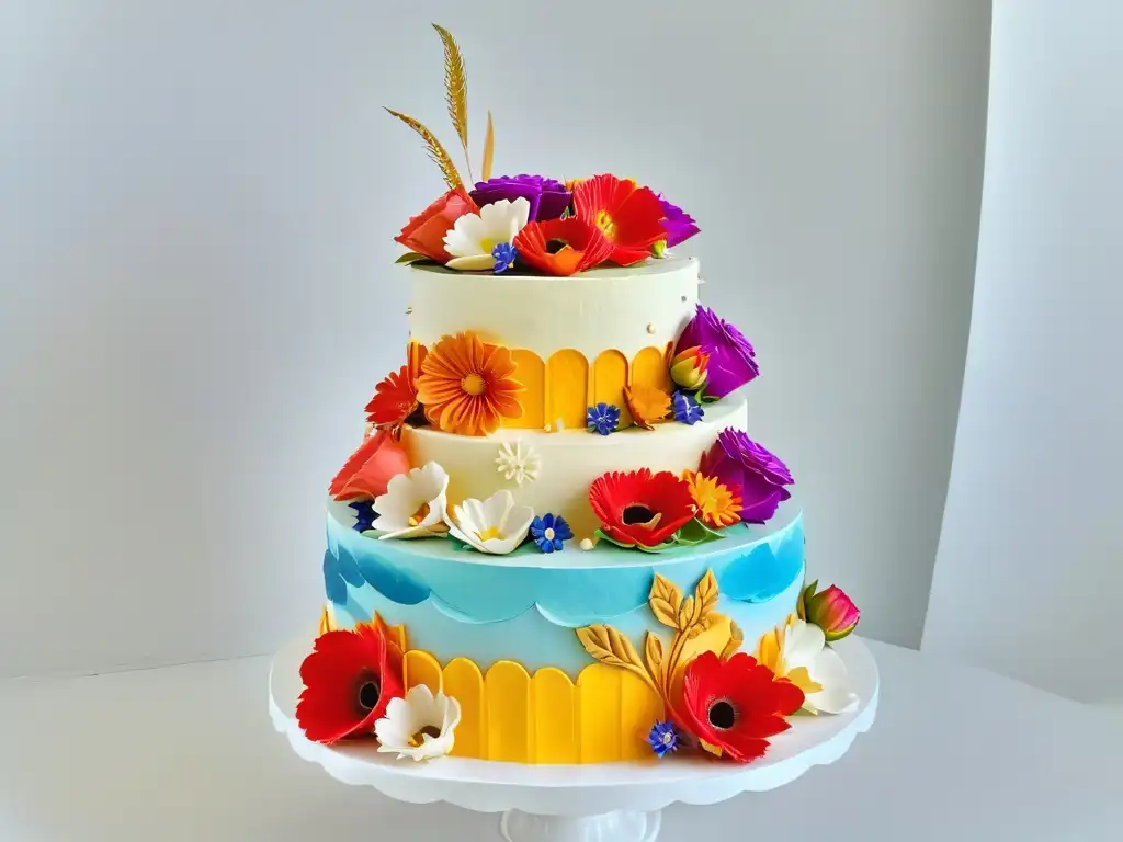 Un pastel bellamente decorado con colores vibrantes y patrones intrincados, adornado con flores de azúcar y formas geométricas