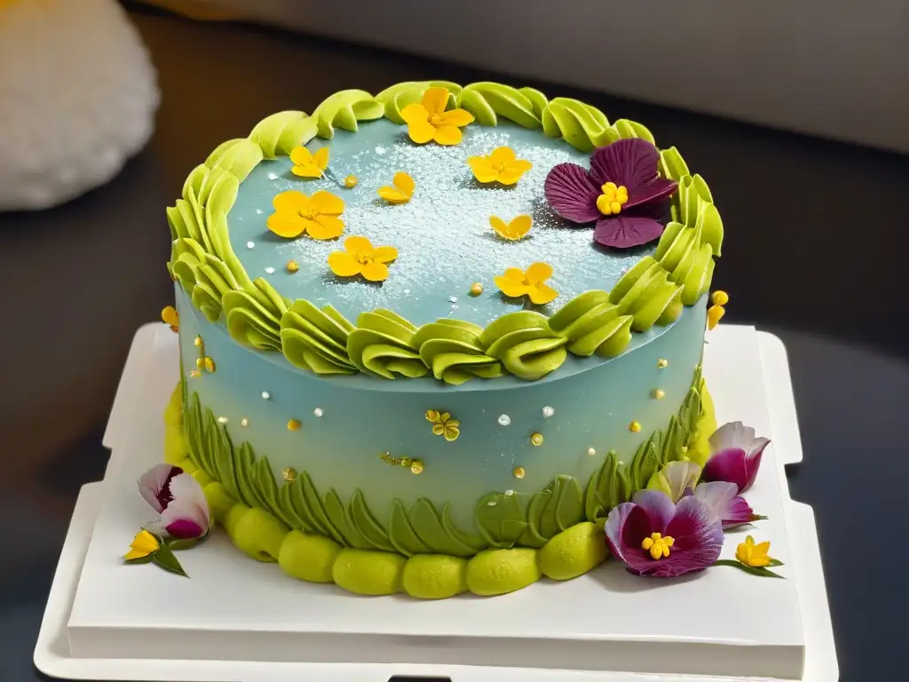 Un pastel decorado con detalle y colorido, obra de arte de un chef de repostería perfecto