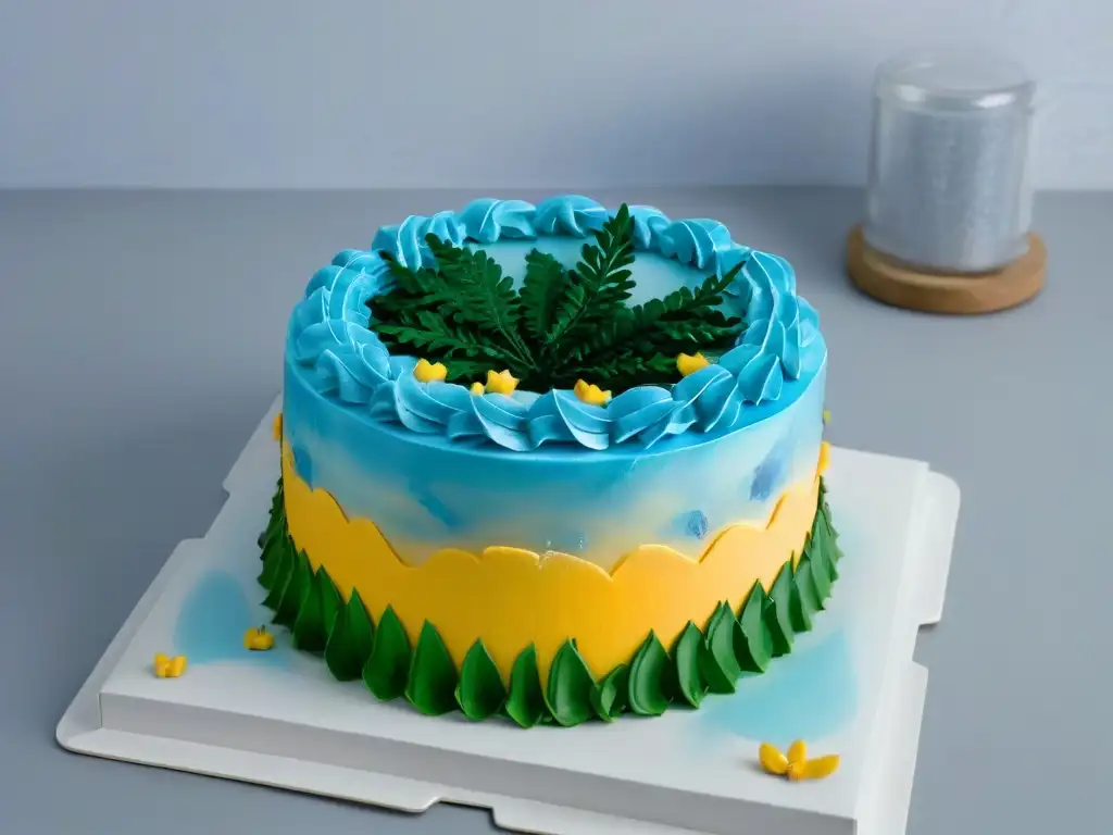 Un pastel decorado con precisión y detalle, usando innovadora técnica de estarcido en colores vibrantes