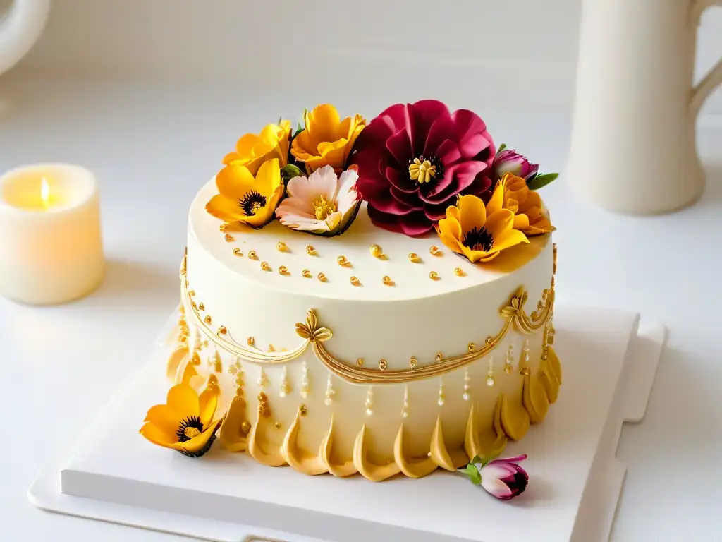 Un pastel decorado con detalles exquisitos y flores comestibles en un plato blanco elegante