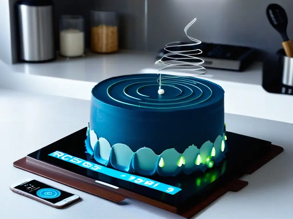 Pastel decorado con detalles intrincados en cocina futurista con elementos de realidad aumentada