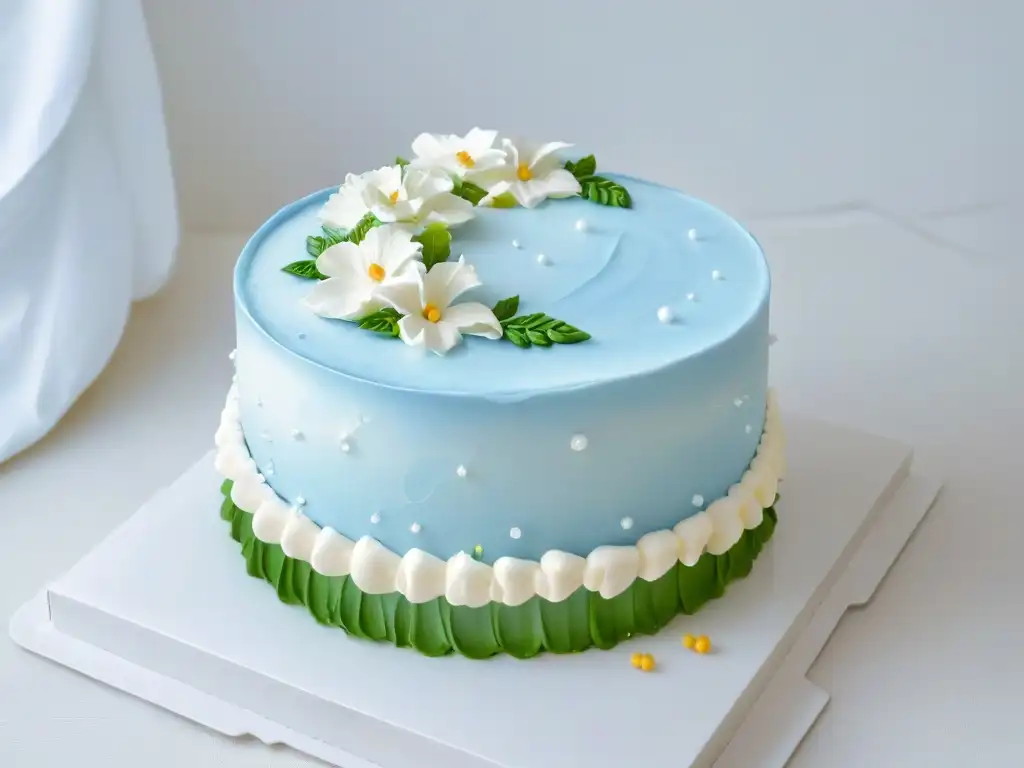 Pastelería de alta costura: arte y precisión en fondant Un pastel bellamente decorado con detalles intrincados, resaltando la artesanía de la repostería