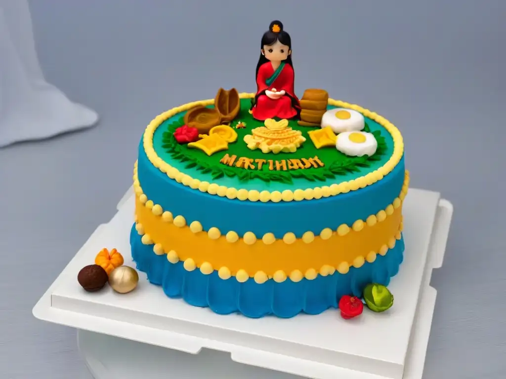 Un pastel decorado con figuras de fondant que representan diversas culturas y temáticas