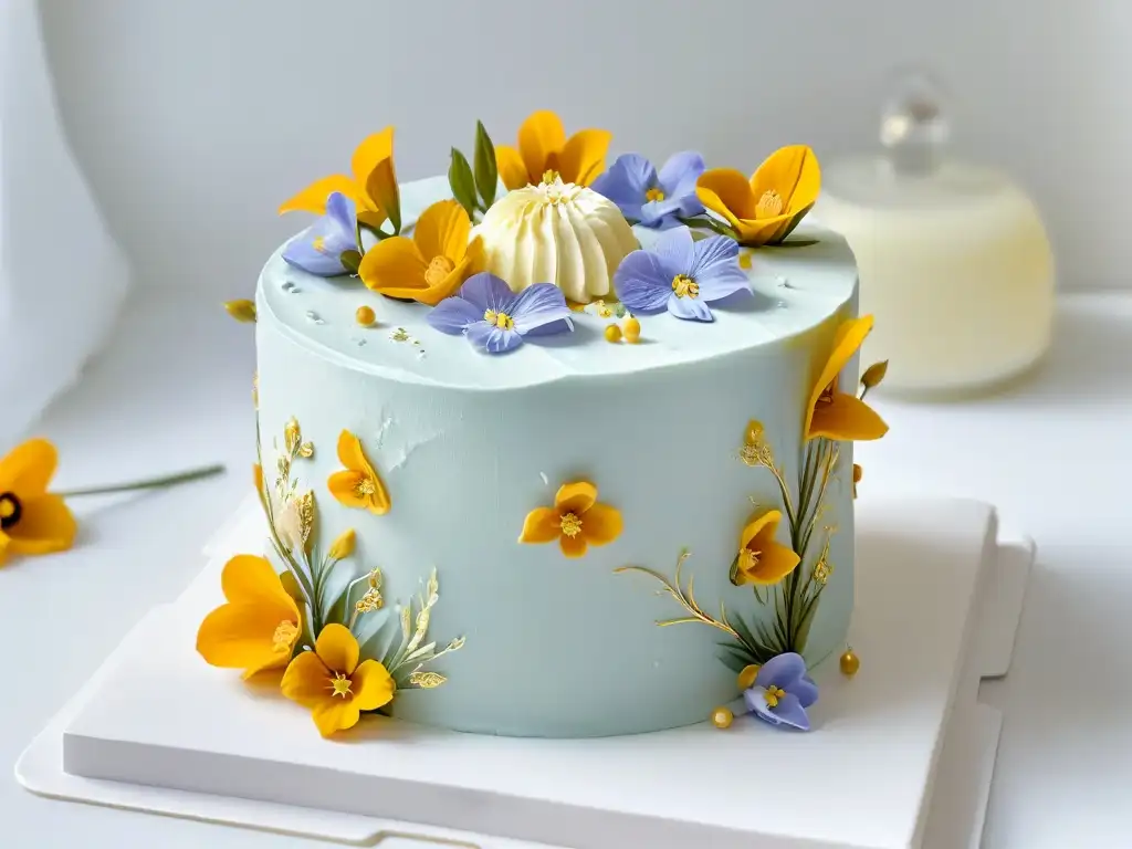 Un pastel perfectamente decorado con flores comestibles y detalles en oro brillante