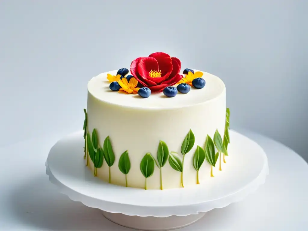 Un pastel decorado con flores orgánicas en un soporte blanco elegante