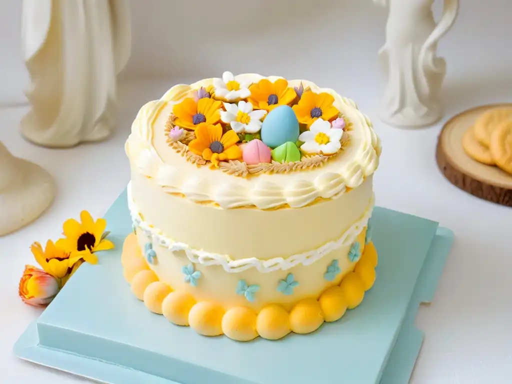 Un pastel decorado con forma de huevo de Pascua, rodeado de galletas de conejito y flores comestibles en un jardín soleado