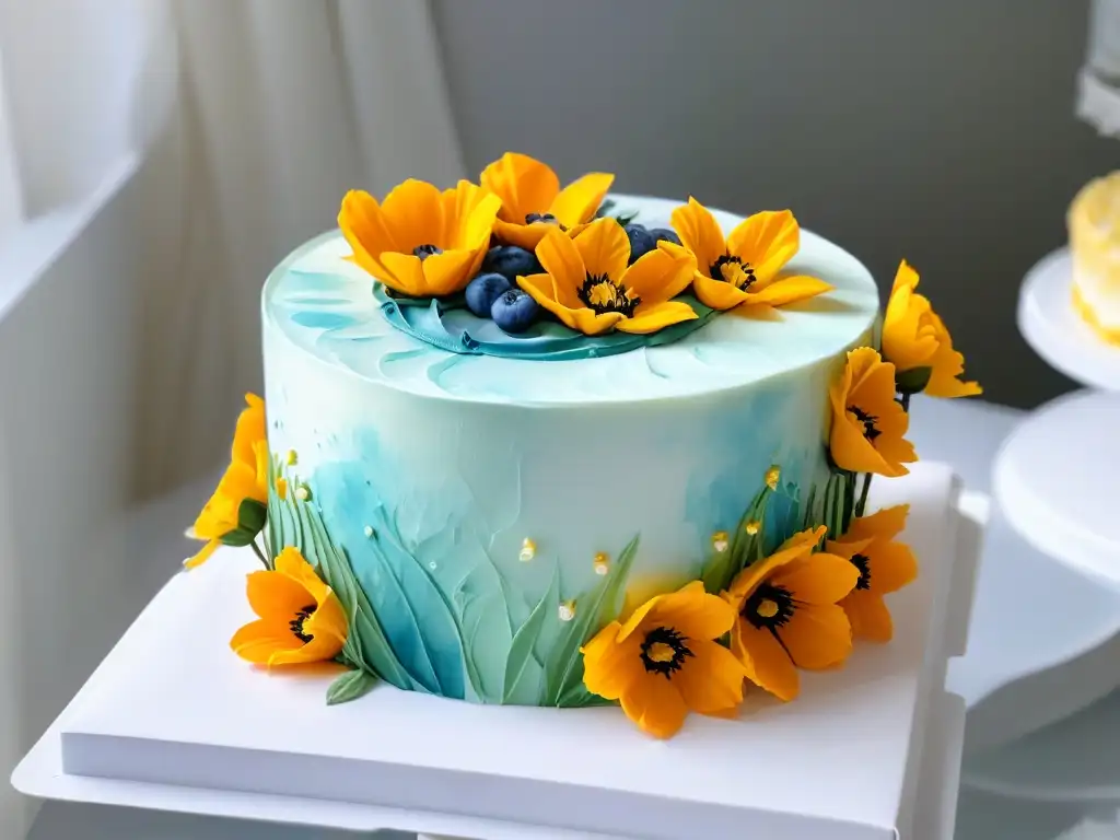 Pastel de diseño con papel comestible floral Un pastel delicadamente decorado con impresión comestible de patrón floral acuarela, sobre base blanca moderna