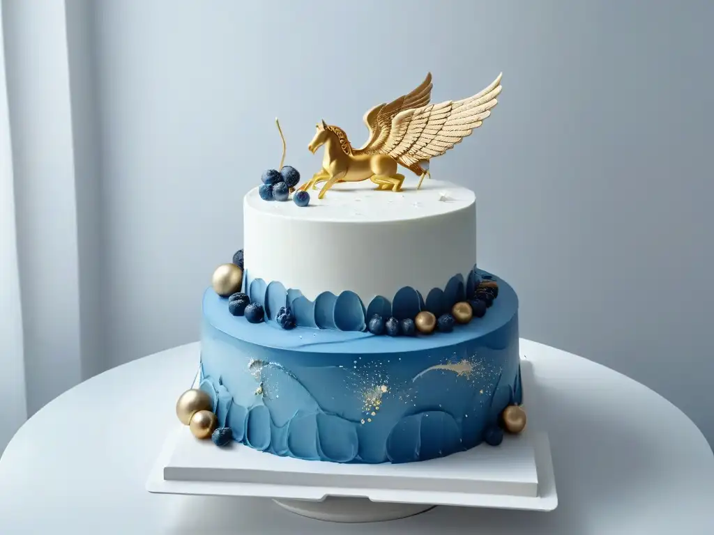 Un pastel exquisitamente decorado con motivos de la mitología griega, como Pegaso y la Medusa, sobre una elegante bandeja de mármol