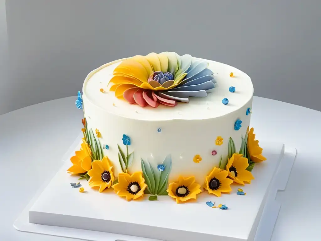 Pastel decorado con Realidad Aumentada: flores digitales, chispas y patrones brillantes, en contraste con un fondo blanco futurista