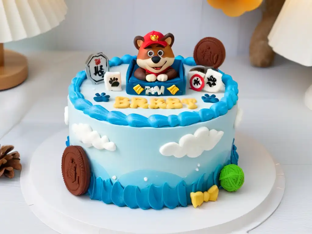 Un pastel de Paw Patrol bellamente decorado con Chase, Marshall y Skye en fondant