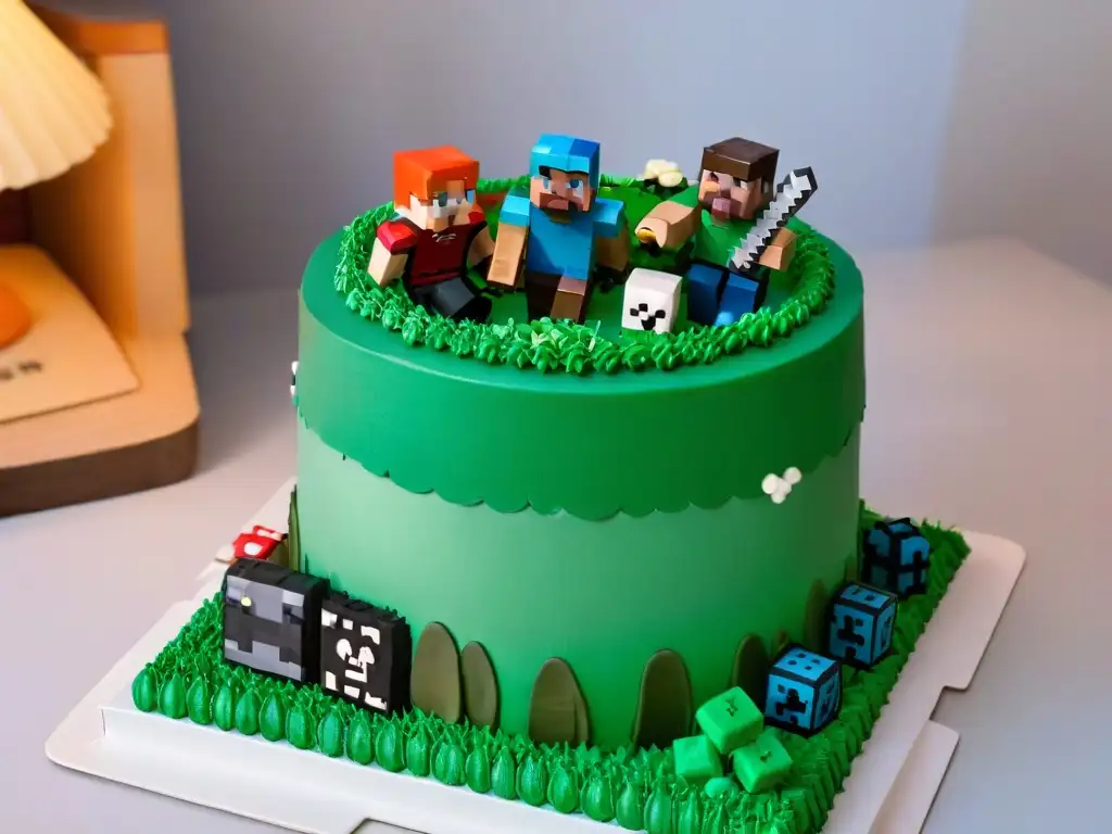 Un pastel Minecraft detallado con figuras de Steve y Creeper en un mundo pixelado