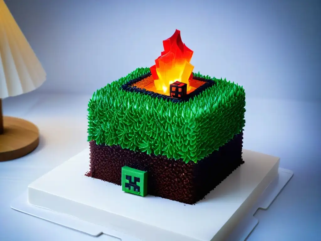 Un pastel Minecraft detallado en 3 niveles con bloques y personajes icónicos del juego, perfecto para gamers