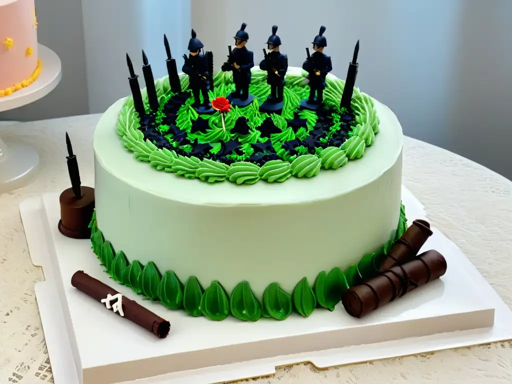 Un pastel detalladamente diseñado en forma de campo de batalla, con soldados de fondant, cañones comestibles y flores de azúcar