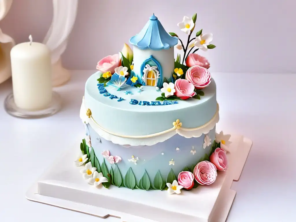 Pastel de Cuentos de Hadas: Arte en Fondant y Flores Pastel con diseño de cuentos de hadas en fondant, flores de azúcar y colores suaves