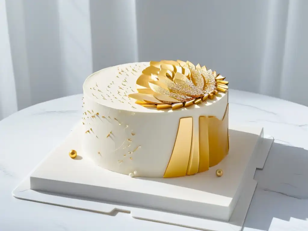 Un pastel de diseño moderno y minimalista con detalles de hoja de oro comestible, fusionando arte clásico y contemporáneo