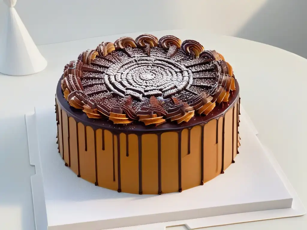Dobos Torte: delicia simétrica y elegante Un pastel Dobos Torte perfectamente simétrico con rico ganache y decoraciones de caramelo, sobre fondo blanco