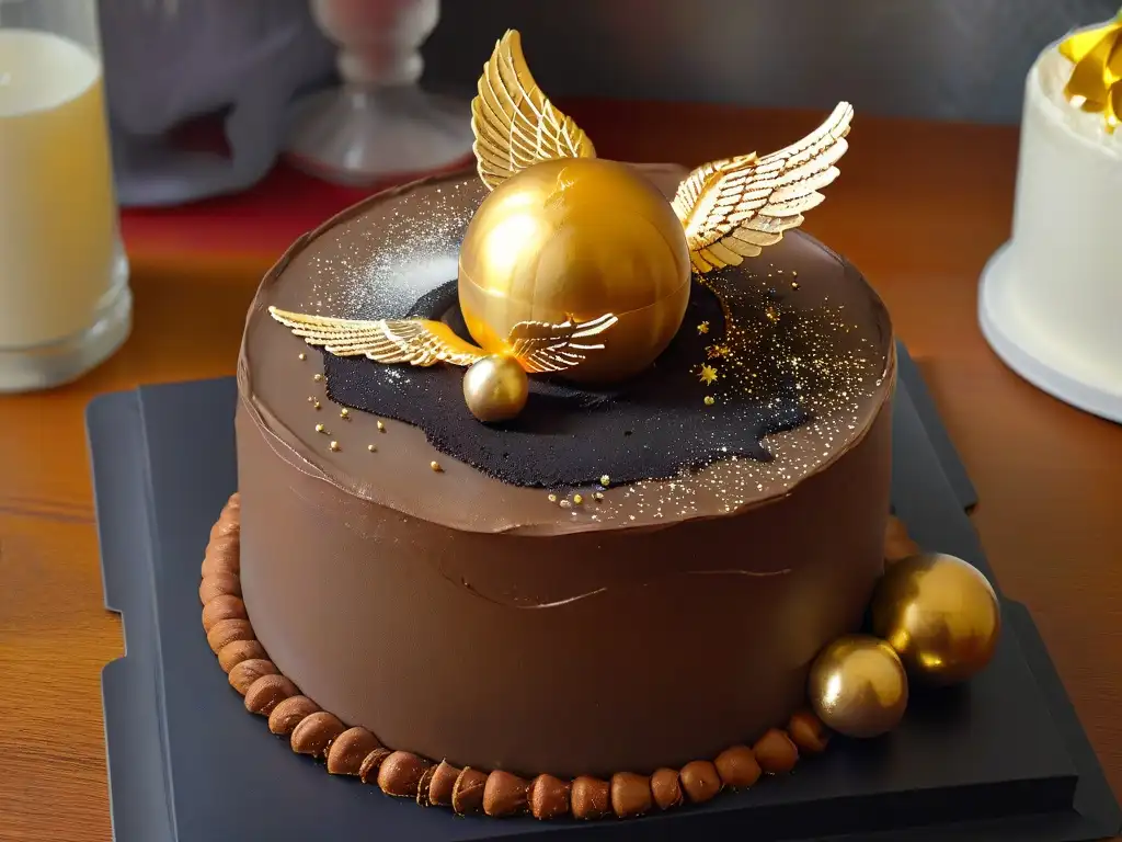 Un pastel dorado con forma de snitch de Harry Potter, decorado con detalles brillantes y rodeado de polvo de hadas comestible