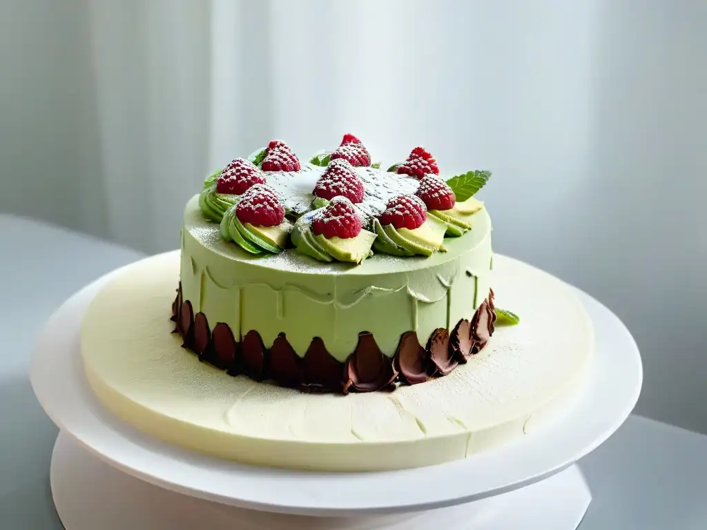 Un pastel keto elegante con capas de chocolate y aguacate, decorado con frambuesas y menta en un soporte blanco moderno