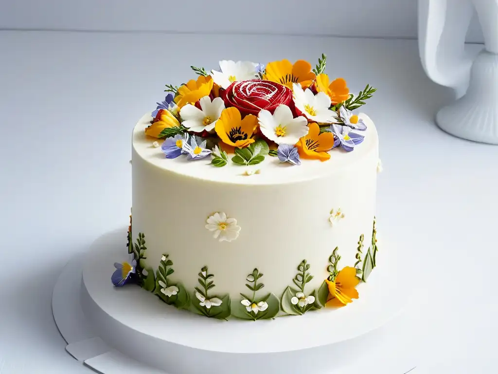 Delicioso pastel escandinavo con flores comestibles Un pastel escandinavo exquisitamente detallado con flores comestibles y diseños geométricos, en un fondo blanco limpio