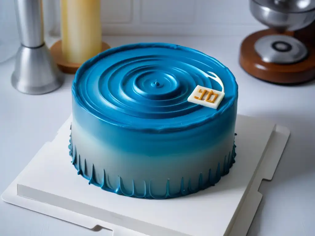 Tarta espejo de alta tecnología en cocina moderna Un pastel espejo brillante refleja una cocina moderna con gadgets de repostería de alta tecnología, destacando las técnicas modernas de repostería