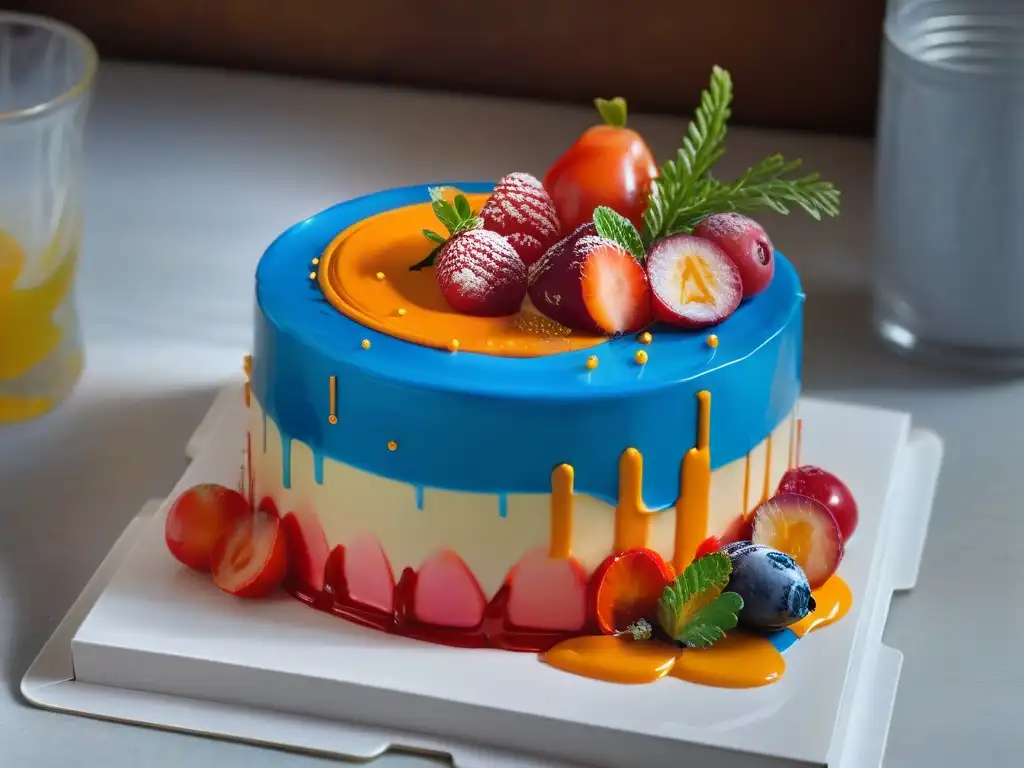 Pastel espejo: reflejos vibrantes en la cocina Un pastel de espejo decoración refleja una cocina vibrante y colorida en una superficie brillante y perfecta, creando un ambiente mágico