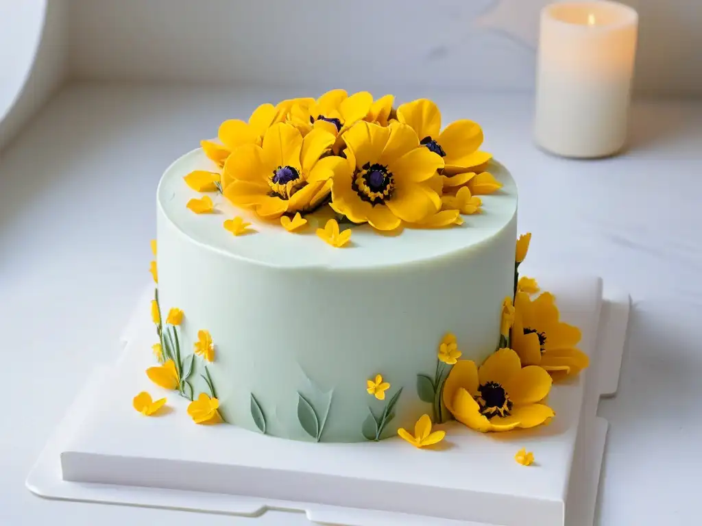 Un pastel de éxito: detallado, minimalista, con flores comestibles y decoración elegante, sobre una encimera de mármol