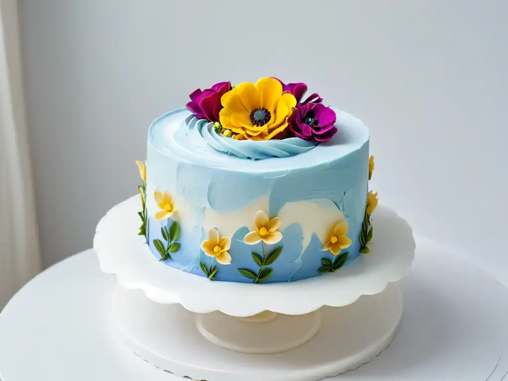 Un pastel exquisito con ingredientes excedentes, capas de bizcocho colorido, adornos de flores comestibles y frosting delicado en un soporte moderno