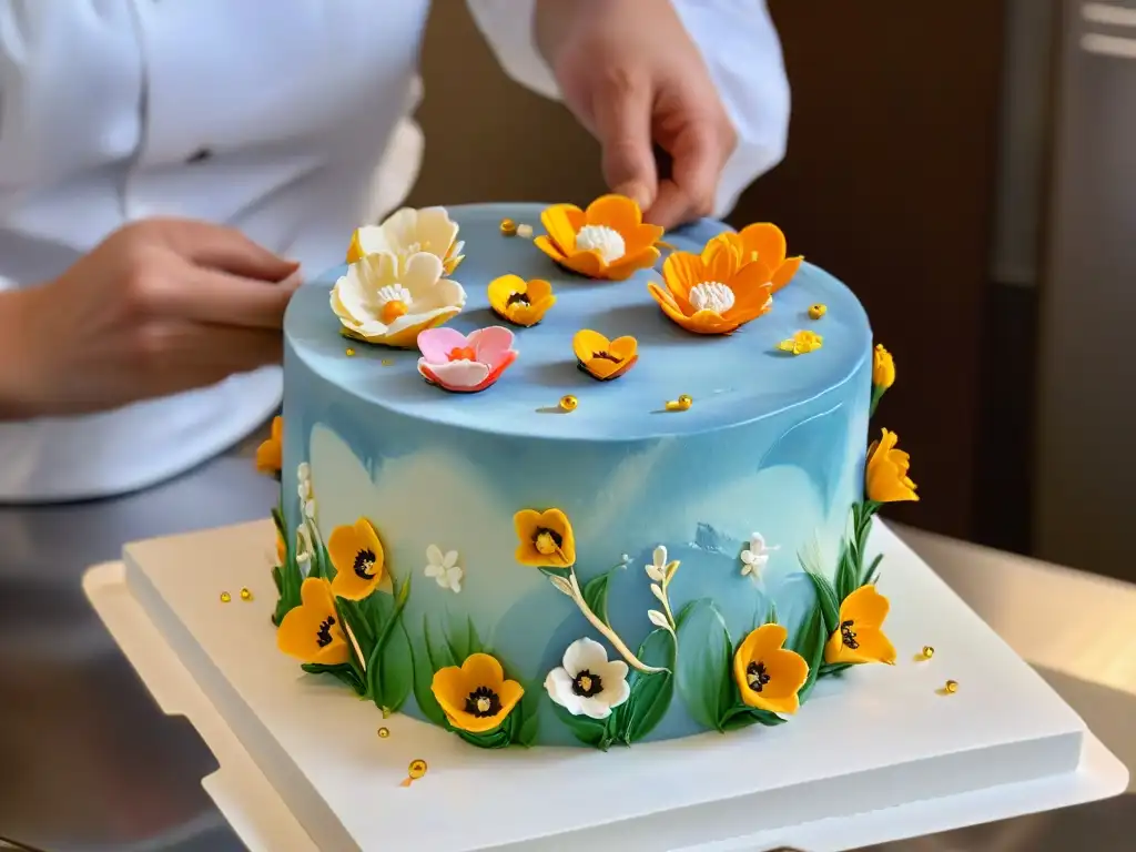 Un pastel de fondant decorado con flores de azúcar y detalles en hoja de oro, hecho con destreza y amor por un chef de repostería