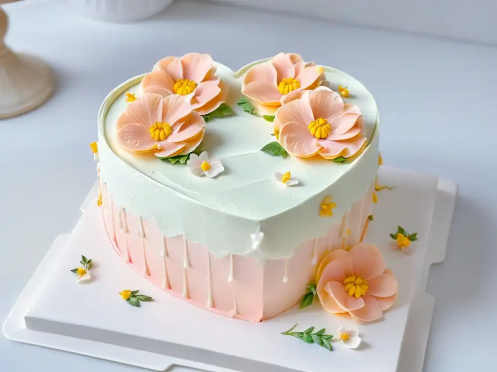 Un pastel en forma de corazón decorado con flores comestibles y detalles brillantes en un soporte de mármol blanco