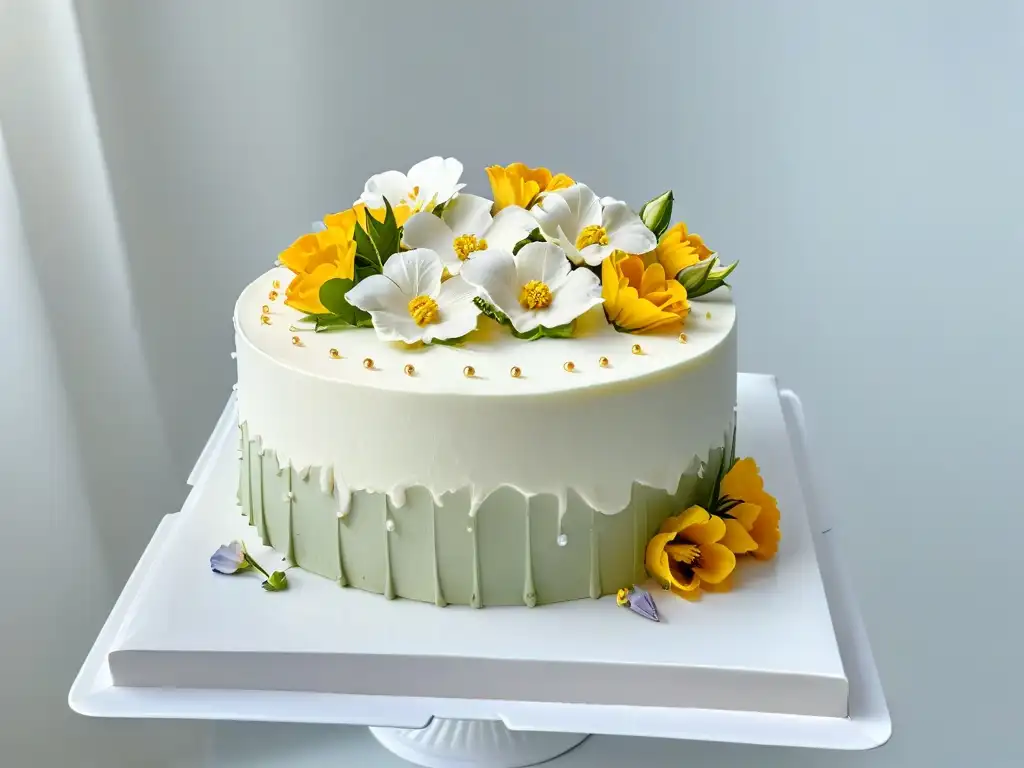 Un pastel en forma de corazón con flores comestibles y detalles dorados en un soporte de mármol, ideal para aniversarios de amor