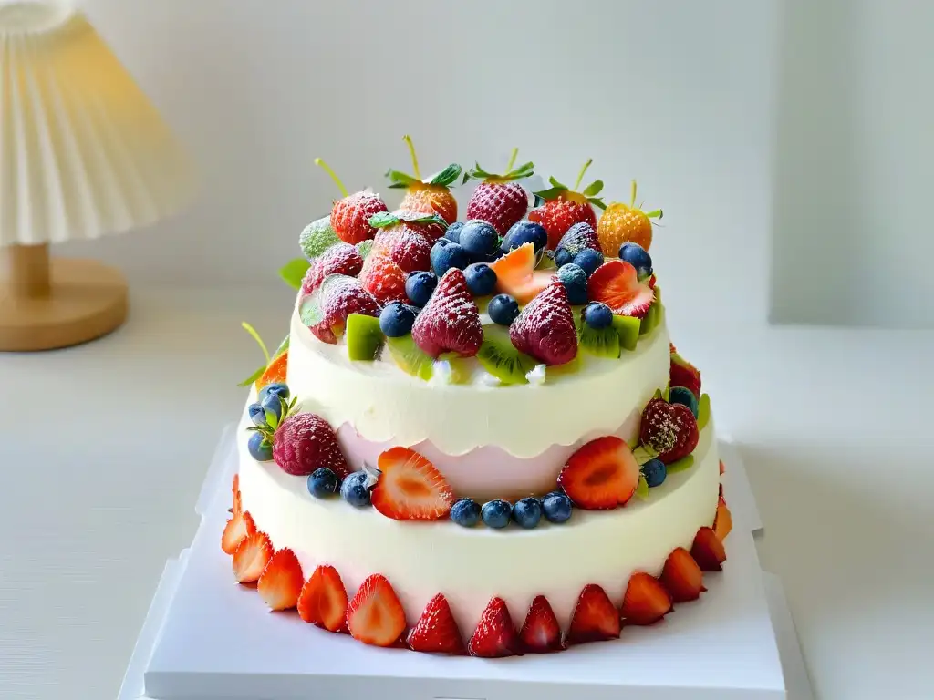 Un pastel de frutas frescas vibrantes y deliciosas, decorado con flores comestibles