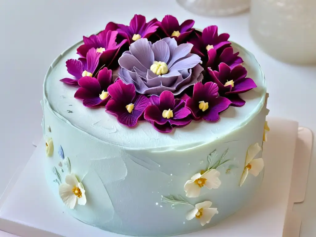 Un pastel perfectamente glaseado con detalles intrincados y flores comestibles, técnicas combinadas repostería resultados sorprendentes