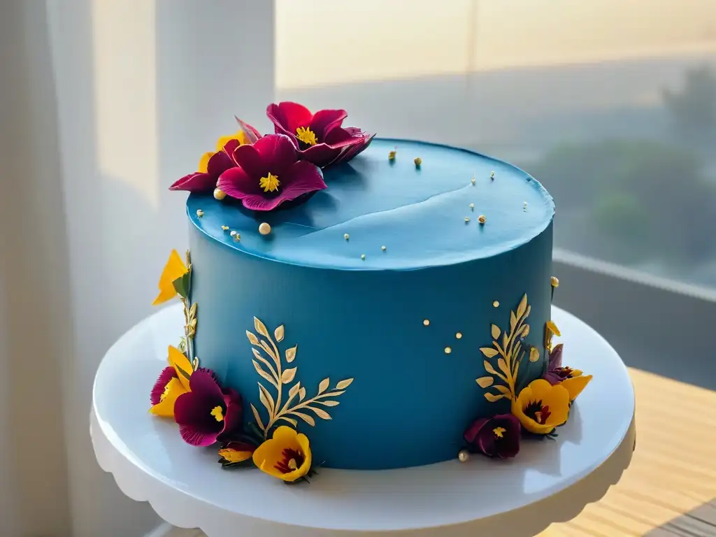Exquisita torta sin gluten: arte y elegancia en cada detalle Pastel sin gluten exquisitamente decorado con flores comestibles y detalles en oro, reflejando tendencias globales en repostería para celiacos en 2023