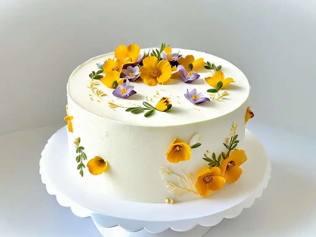 Un pastel sin gluten perfectamente decorado con flores comestibles y detalles en hoja de oro, destacando la repostería moderna sin gluten tendencias