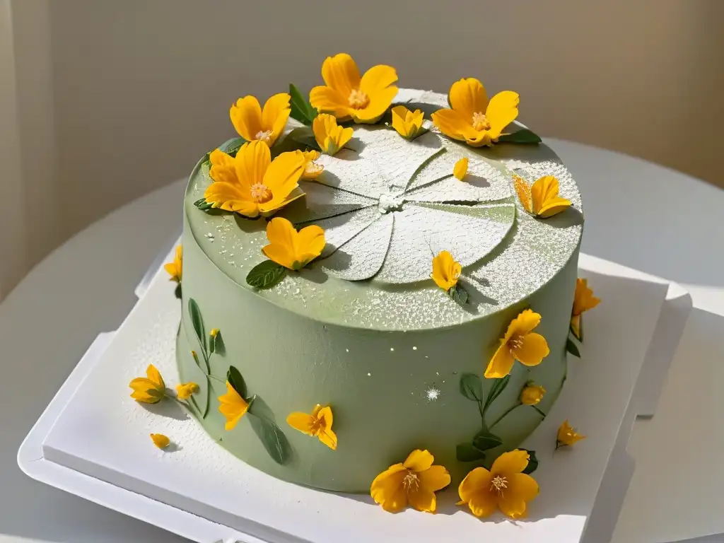 Un pastel sin gluten bellamente decorado con flores comestibles, sobre un plato blanco, mostrando su textura húmeda y ligera