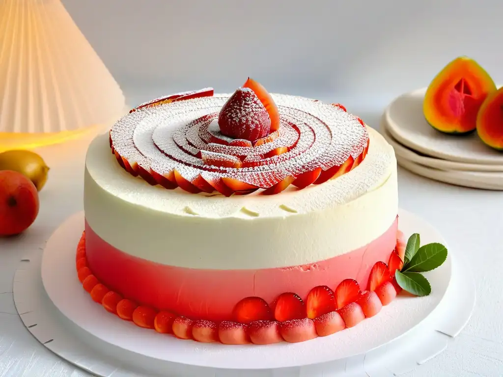 Un pastel de guayaba tradicional en un plato blanco, con capas húmedas y relleno dulce, decorado con guayabas frescas y azúcar glass