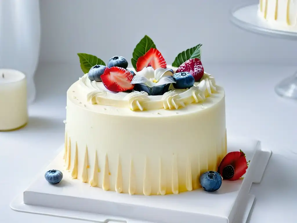 Pastel de tres leches decorado con flores, iluminado suavemente, en elegante presentación