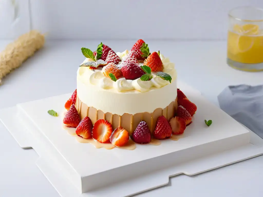 Un pastel tres leches exquisitamente decorado con fresas frescas y hojas de menta, en un plato blanco moderno