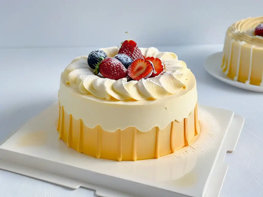 Dulce tres leches: detalle exquisito en porcelana blanca Un pastel tres leches perfecto, recién horneado y listo para deleitar los sentidos en un soporte de porcelana blanco impecable