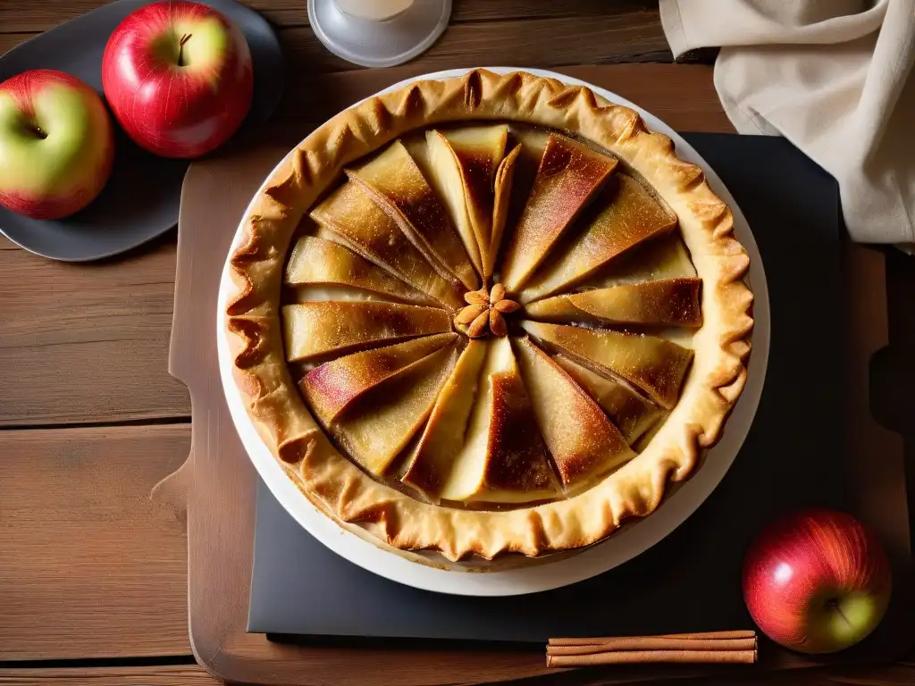 Un pastel de manzana especiado recién horneado en una mesa rústica de invierno