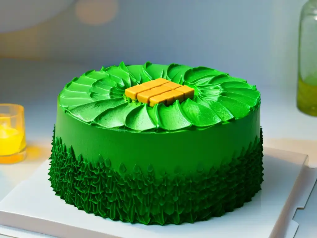 Un pastel Minecraft en un elegante mostrador de cocina