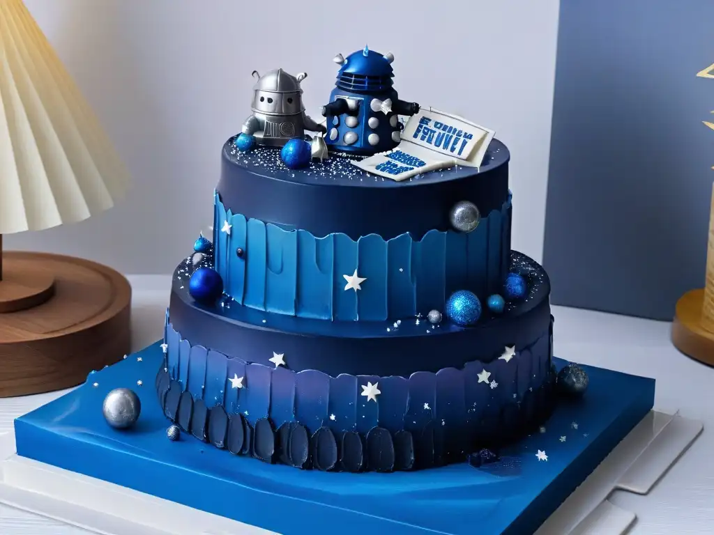 Un pastel minimalista inspirado en Doctor Who con detalles de Daleks y Cybermen, en tonos azules y galaxia comestible