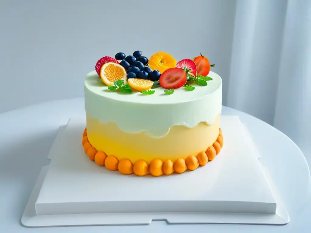 Un pastel moderno y detallado, fusionando sabores e ingredientes globales, reflejando las tendencias globales en repostería del siglo XXI