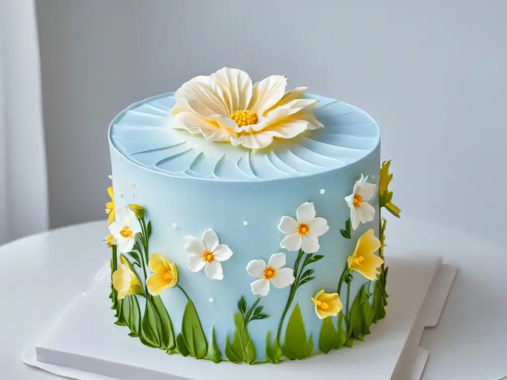 Un pastel multicolor con técnicas de relleno y cobertura, adornado con flores comestibles en tonos pastel