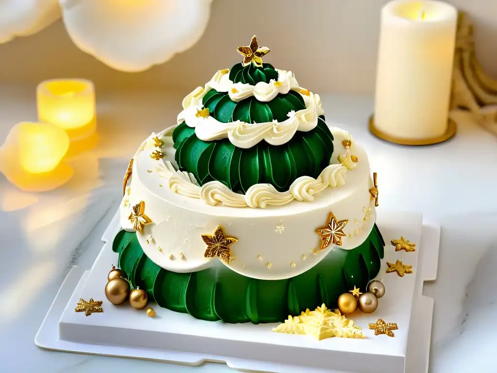 Un pastel navideño decorado con elegantes detalles de copos de nieve, hojas de oro comestibles y delicados ornamentos de azúcar