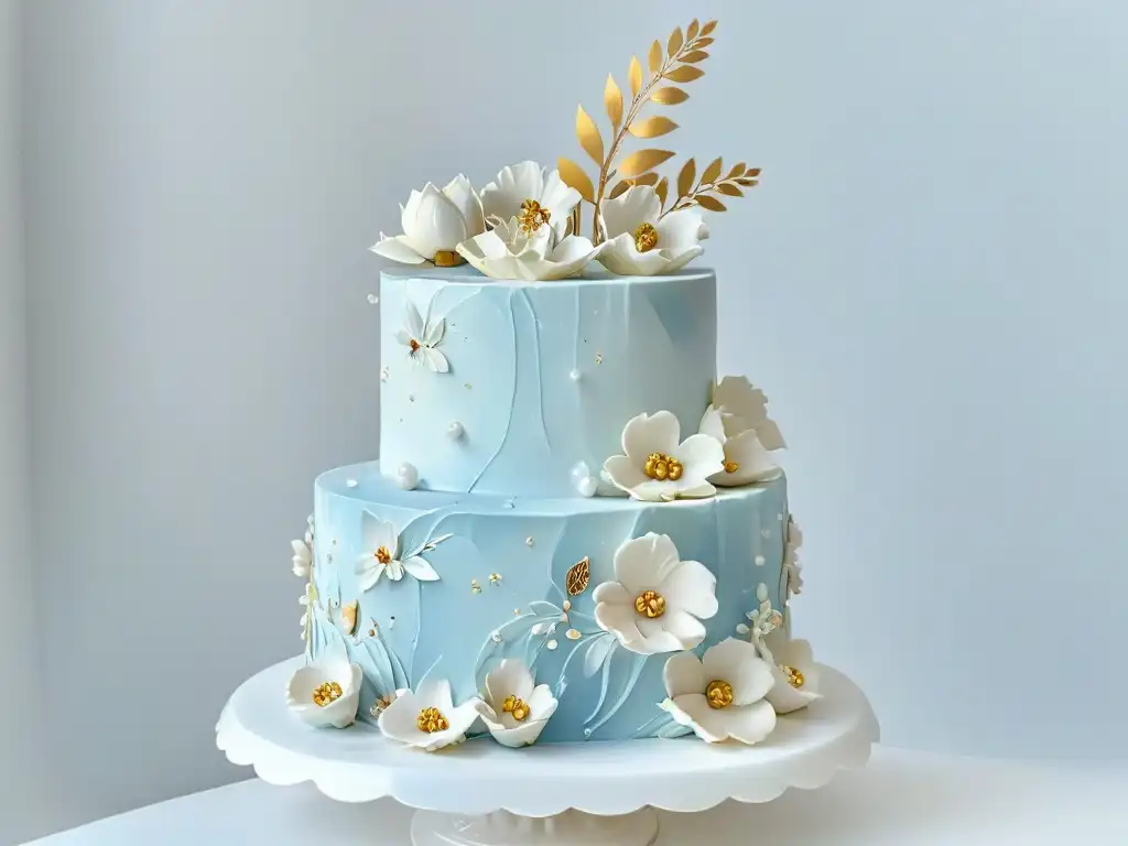 Un pastel de tres niveles con detalles intrincados y delicados, decorado con fondant blanco y flores de azúcar