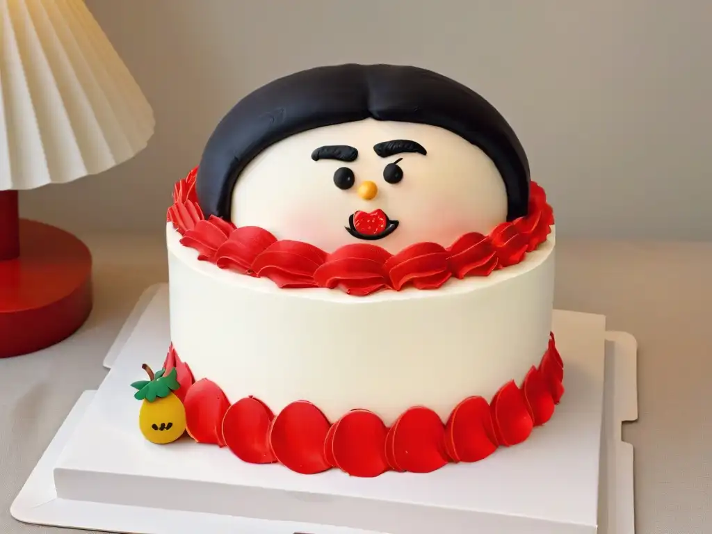 Un pastel personalizado de Mafalda con detalles precisos de fondant, sobre un plato blanco moderno